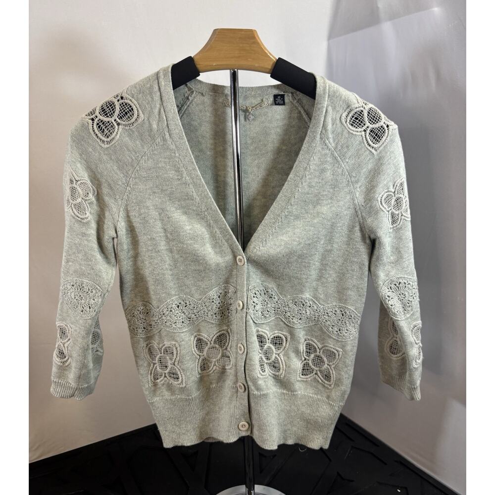 Anthro Knitted And Knotted Cardigan XS Gray Crochet Floral Boho Cottagecore - Picture 1 of 7